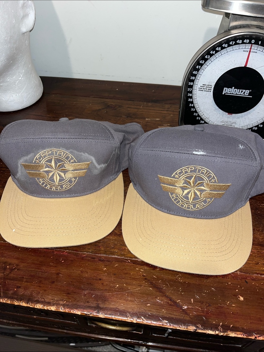 2 Captain Marvel Snapback Baseball Cap Hat worn used stained